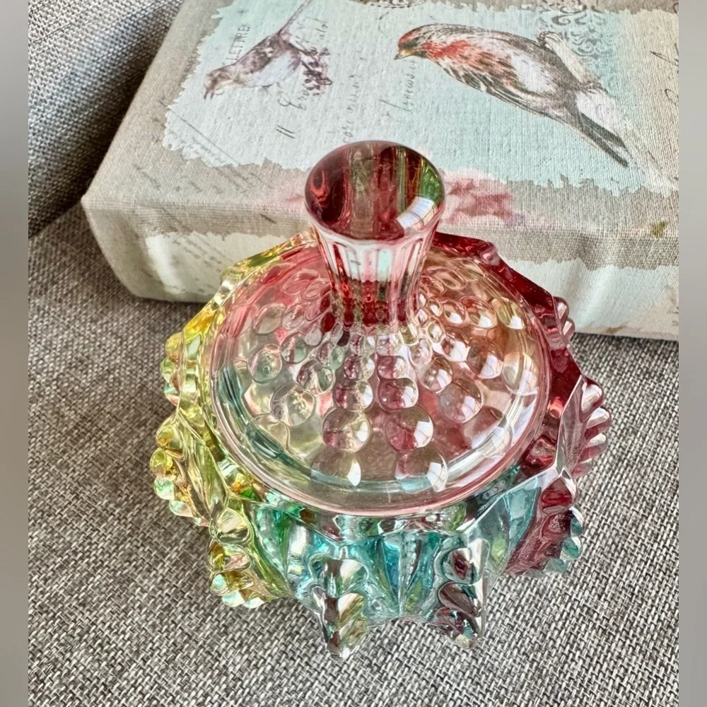 New Rainbow Fluted Knobby Glass Jewelry, Trinket, Candy Dish Decor w/ Lid - 4.5”
